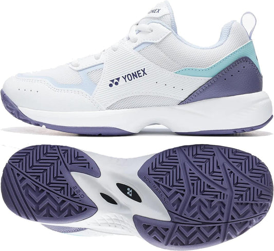 Yonex Pro-Move Classic Junior Tennis Shoes in white/sax feature a breathable mesh upper, Power Cushion Technology for comfort, and a textured non-marking sole for grip. Shown from the side and sole.