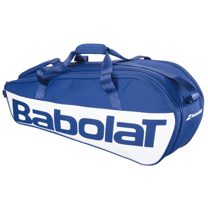 The Babolat Court M 6 Racket Tennis Bag - Dark Blue features bold blue "Babolat" branding, multiple carrying handles, and is made from recycled PET for an eco-friendly tennis bag option.