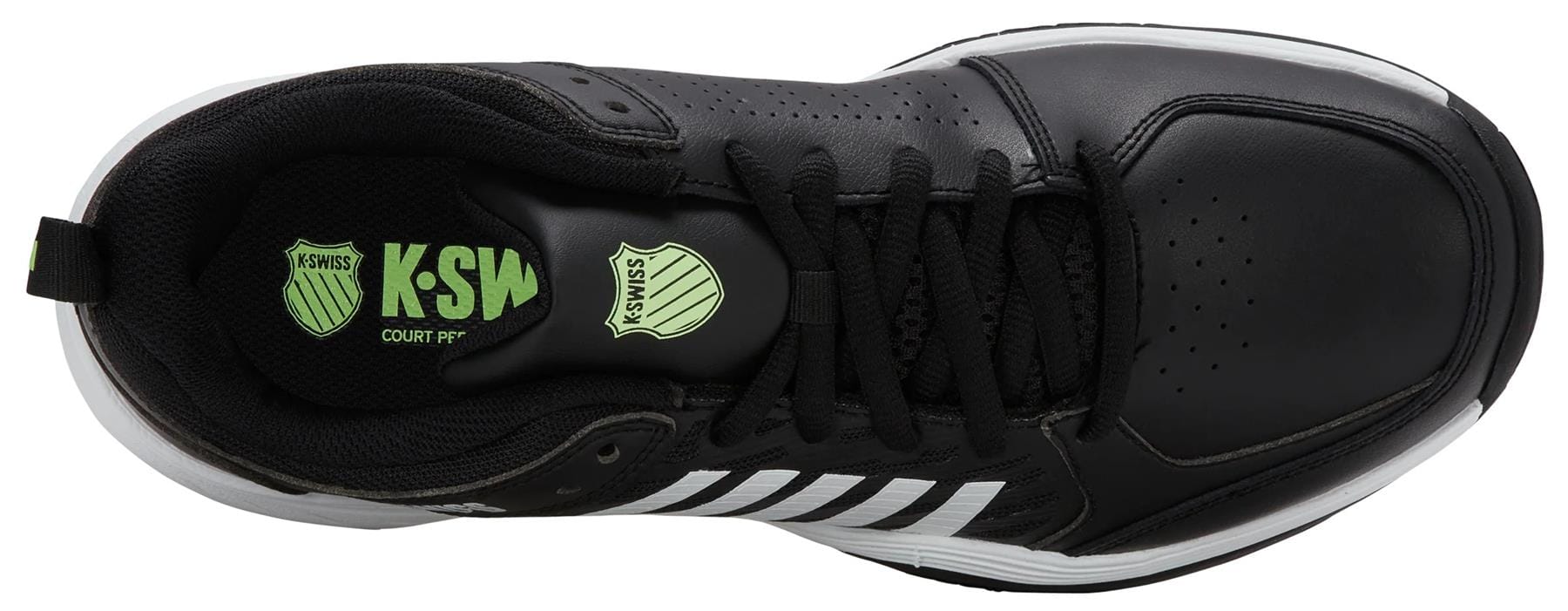Top view of the K-Swiss Express 2 Men's Tennis Shoe in black with white stripes, black laces, a soft neon green logo on the insole, a white sole, and perforated toe detailing.