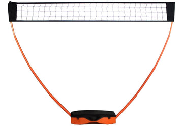 The Sure Shot Quick Fit 3 in 1 Garden Net Set includes an orange and black base with a quick-fit design. Two upward-curving orange poles form a triangular structure, supporting black netting with a visible grid and adjustable height for versatile play.