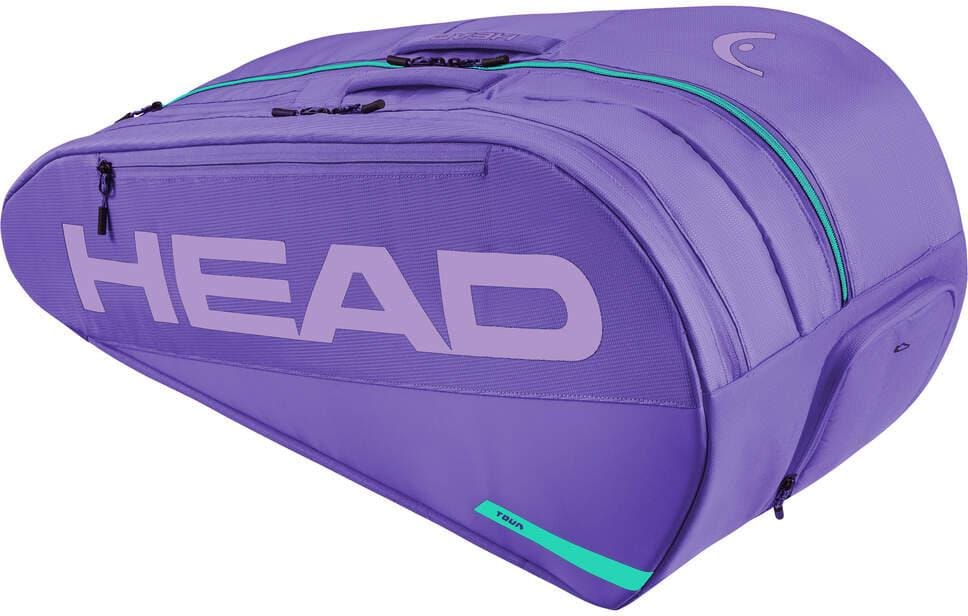 The HEAD Tour 9 Racket Tennis Bag L - Purple features bold light purple branding, teal zipper accents, and multiple compartments for organized tennis gear and racket storage.