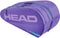 The HEAD Tour 9 Racket Tennis Bag L - Purple features bold light purple branding, teal zipper accents, and multiple compartments for organized tennis gear and racket storage.