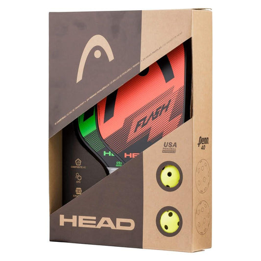 The HEAD Flash Pickleball Paddle Set - Red / Green by HEAD comes in a retail box with part of the paddle shown through a diagonal cutout, featuring a composite hitting surface and two yellow pickleballs.