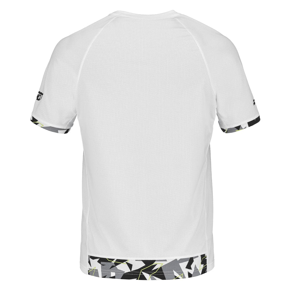 A back view of the Babolat Aero Crew Neck Men's Tennis T-Shirt in white showcases short sleeves adorned with black and gray geometric patterns along the edges and hem. Constructed from Fiber Dry polyester, this shirt offers enhanced comfort, making it ideal for racket sports performance. The image is set against a plain white background.