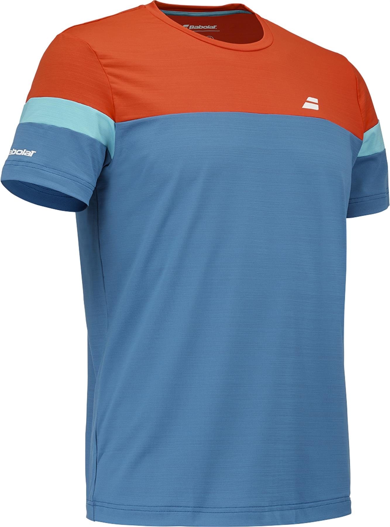 The Babolat Crew Neck Men's Tennis T-Shirt - Seaport features short sleeves, an orange upper chest and shoulders, light blue sleeve stripes, a sky-blue body, and small white Babolat logos on the chest and left sleeve.