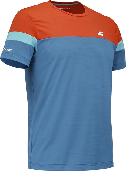 The Babolat Crew Neck Men's Tennis T-Shirt - Seaport features short sleeves, an orange upper chest and shoulders, light blue sleeve stripes, a sky-blue body, and small white Babolat logos on the chest and left sleeve.