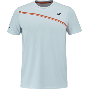 The Babolat Play Men's Crew Neck Tennis T-Shirt in Illusion Blue features two diagonal red stripes, a small black logo on the left chest, and a round neckline for a sporty look—perfect for any tennis match.