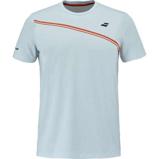 The Babolat Play Men's Crew Neck Tennis T-Shirt in Illusion Blue features two diagonal red stripes, a small black logo on the left chest, and a round neckline for a sporty look—perfect for any tennis match.