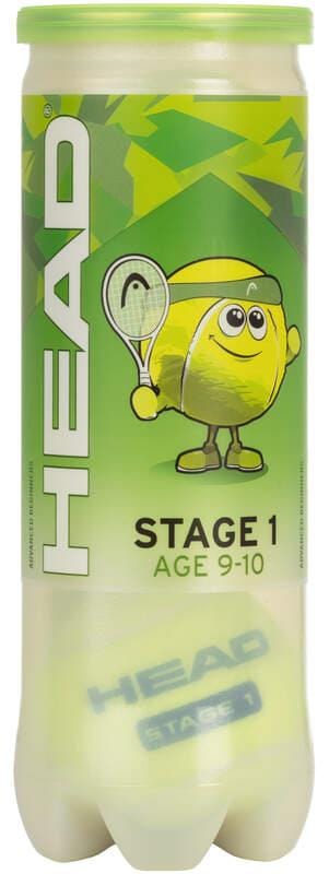 The HEAD 3B Stage 1 Tennis Balls - Green by HEAD are ideal for ages 9-10, featuring a fun cartoon tennis ball character on green and yellow packaging—perfect beginner balls for kids.