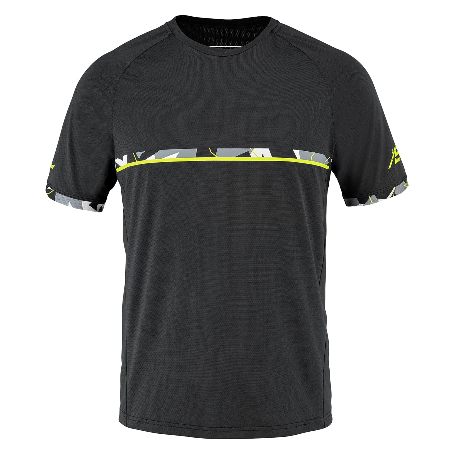 Elevate your comfort and style with the Babolat Aero Crew Neck Men's Tennis T-Shirt in black. This athletic tee, featuring a dynamic geometric design in gray and neon yellow, is perfect for enhancing your racket sport performance. Its lightweight and breathable fabric ensures you stay cool throughout every match.