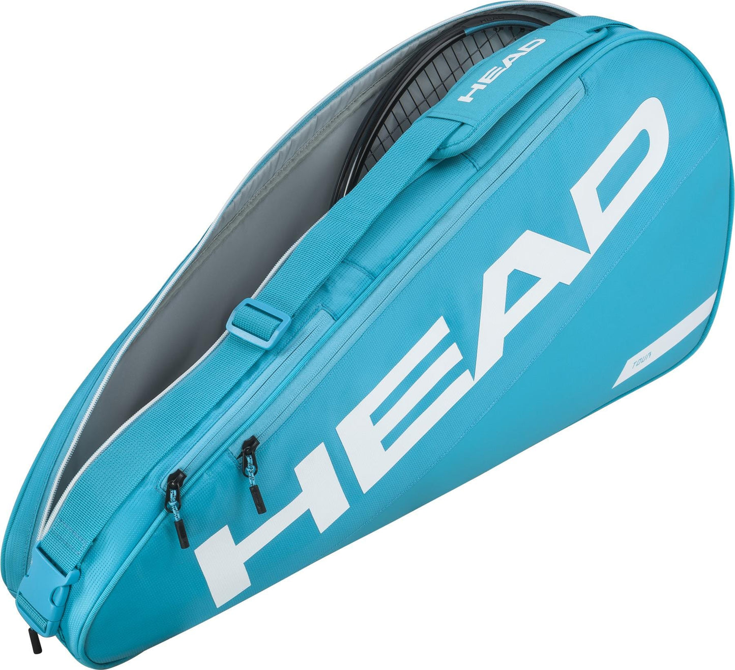 The HEAD Tour 3 Racket Tennis Bag S - Blue is a compact bag with white branding, two zippered compartments, and a shoulder strap, designed by HEAD to carry and protect tennis rackets.