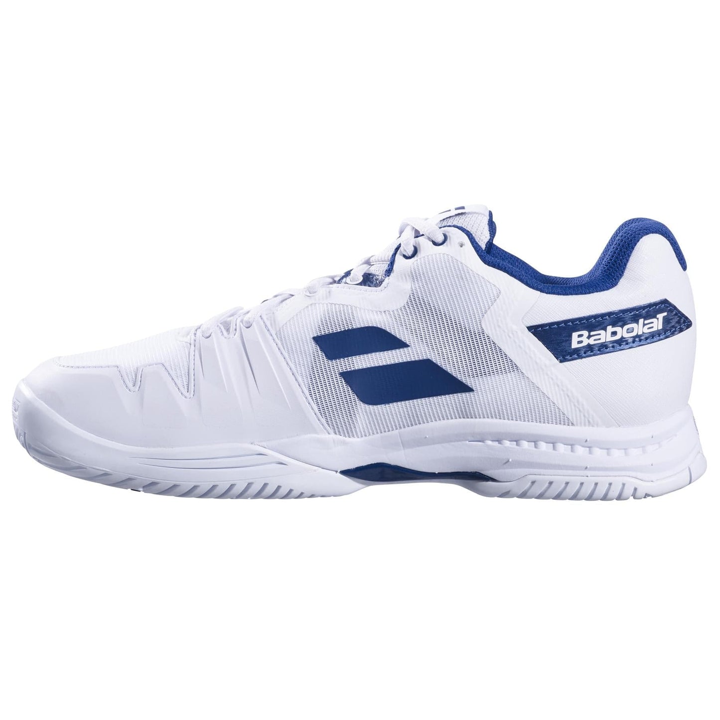 The Babolat SFX3 All Court Men's Tennis Shoes in White and Navy, branded by Babolat, are renowned for their comfort. Featuring a textured rubber sole and a breathable mesh upper, these shoes provide excellent shock absorption and stability, making them perfect for players with wide feet who prioritize comfort on the court.