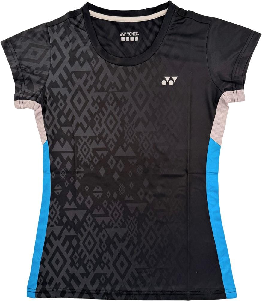 The Yonex YTL11 Womens Tennis T-Shirt in black features short sleeves, a geometric front pattern, blue side panels, and Yonex logos. Made from lightweight, breathable, quick-drying performance fabric for comfort.