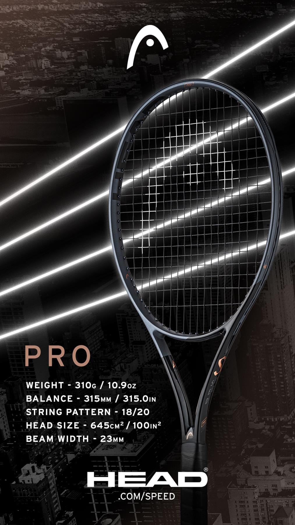 The HEAD Speed Pro LTD 2023 Tennis Racket - Black (Frame Only) features specifications such as a weight of 310g/10.9oz, a balance of 315mm/315.0in, an 18/20 string pattern, a head size of 645cm²/100in², and a beam width of 23mm. Enhanced with Graphene Inside and Auxetic construction, the racket is displayed against a cityscape backdrop.
