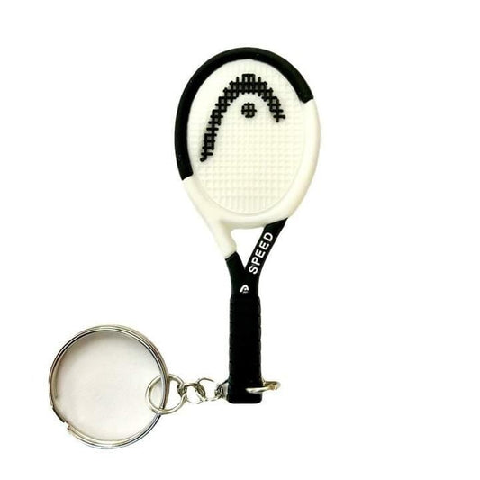 The HEAD Speed Tennis Racket Keyring, by HEAD, is shaped like a white and black tennis racket with "SPEED" on the handle. It comes attached to a metal key ring and is displayed on a plain white background.