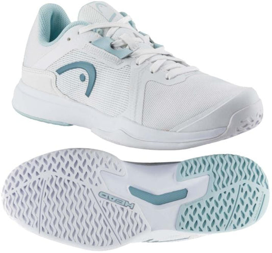 Displayed side by side is the HEAD Sprint Team 3.5 Women's Tennis Shoes in White/Aqua. One shoe showcases its top and side view, while the other highlights its textured, breathable sole featuring a mix of grooves and patterns.