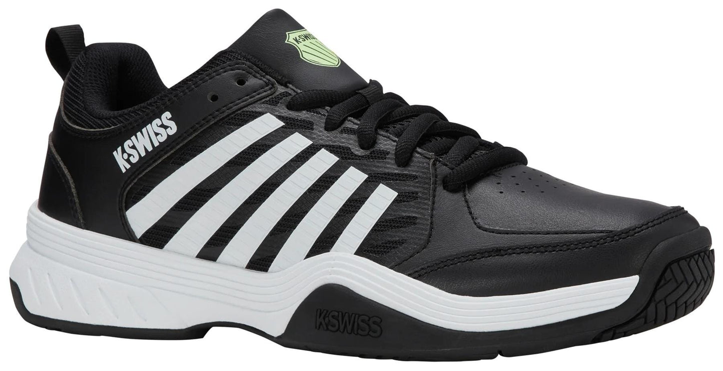 The K-Swiss Express 2 Men's Tennis Shoes in black, white, and soft neon green feature white stripes, black laces, a white sole, and the signature K-Swiss logo on the heel and tongue for a classic look.