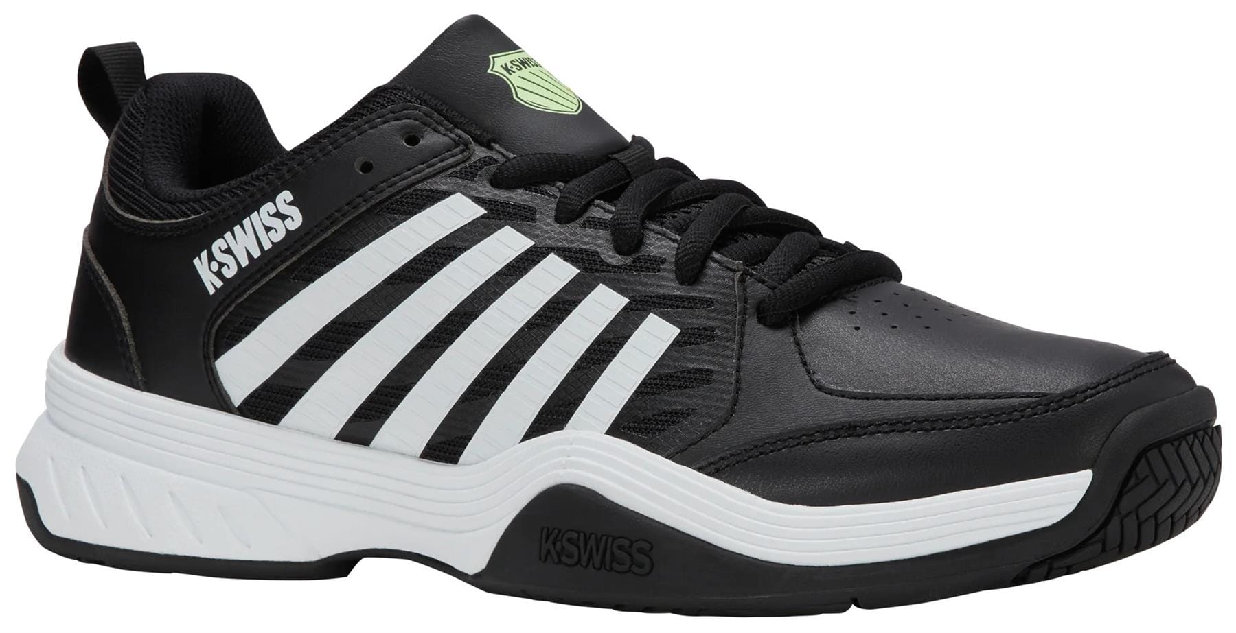The K-Swiss Express 2 Men's Tennis Shoes in black, white, and soft neon green feature white stripes, black laces, a white sole, and the signature K-Swiss logo on the heel and tongue for a classic look.