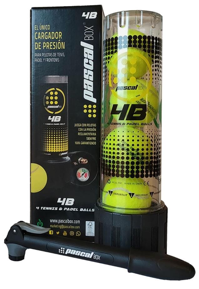 The Bullpadel Pascal Tennis Ball Pressuriser - 4 Ball Tube by Bullpadel features a pressuriser, a tube with four yellow balls, and Spanish packaging, all shown upright against a white background.