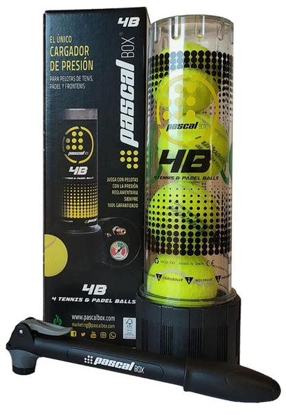 The Bullpadel Pascal Tennis Ball Pressuriser - 4 Ball Tube by Bullpadel features a pressuriser, a tube with four yellow balls, and Spanish packaging, all shown upright against a white background.