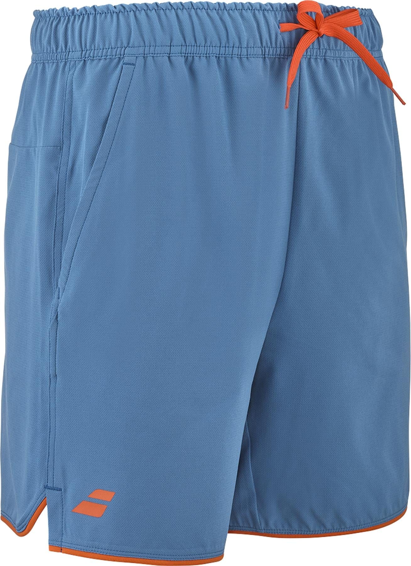 The Babolat Perf Men's Tennis Shorts - Seaport feature a light blue design with an elastic waistband, orange drawstring, side pockets, small orange logo near the hem, and an orange accent along the bottom edge.