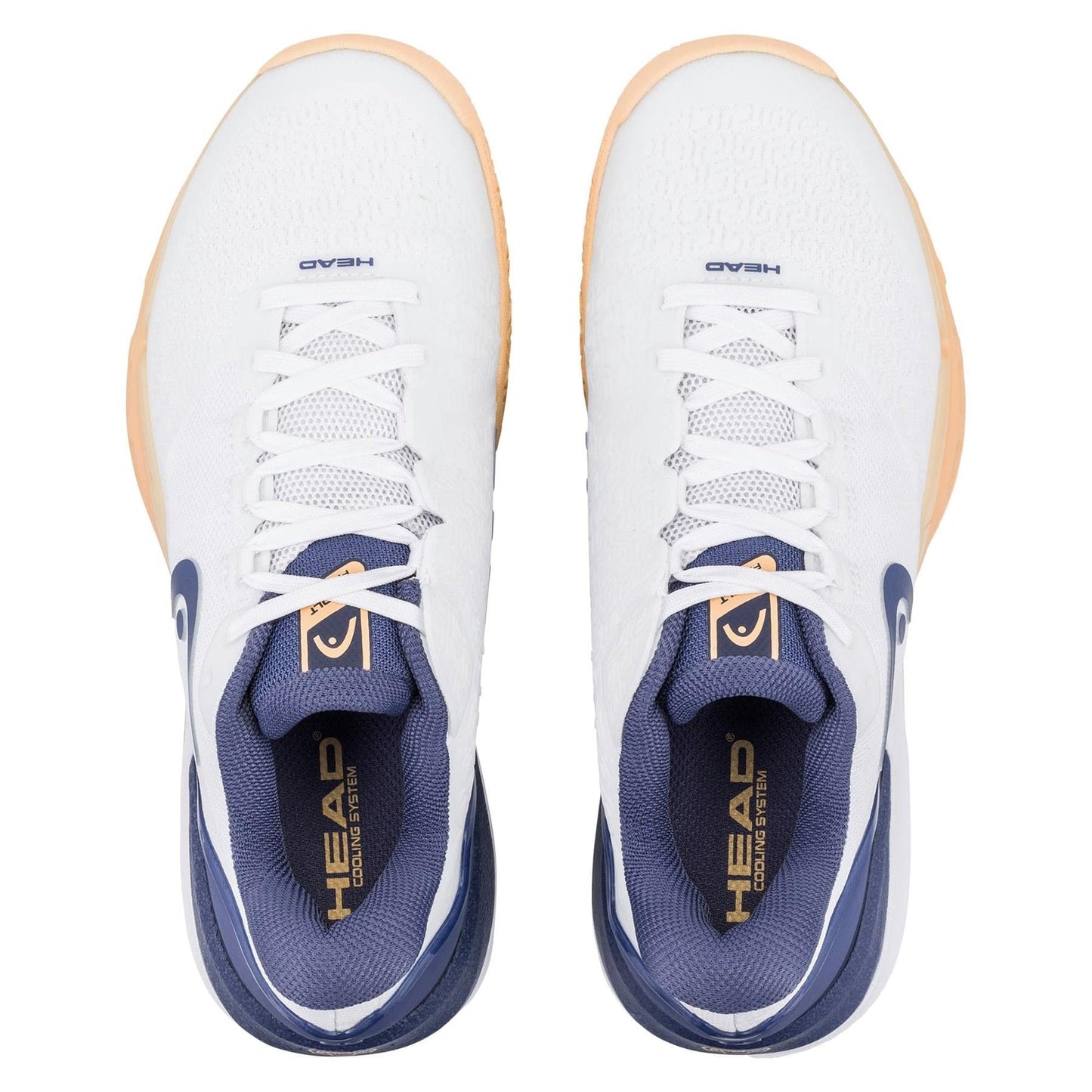 Top view of HEAD Revolt Pro 5.0 Womens Tennis Shoes in White/Apricot, featuring “HEAD” branding on the insoles and tongues; displayed side by side on a white background.