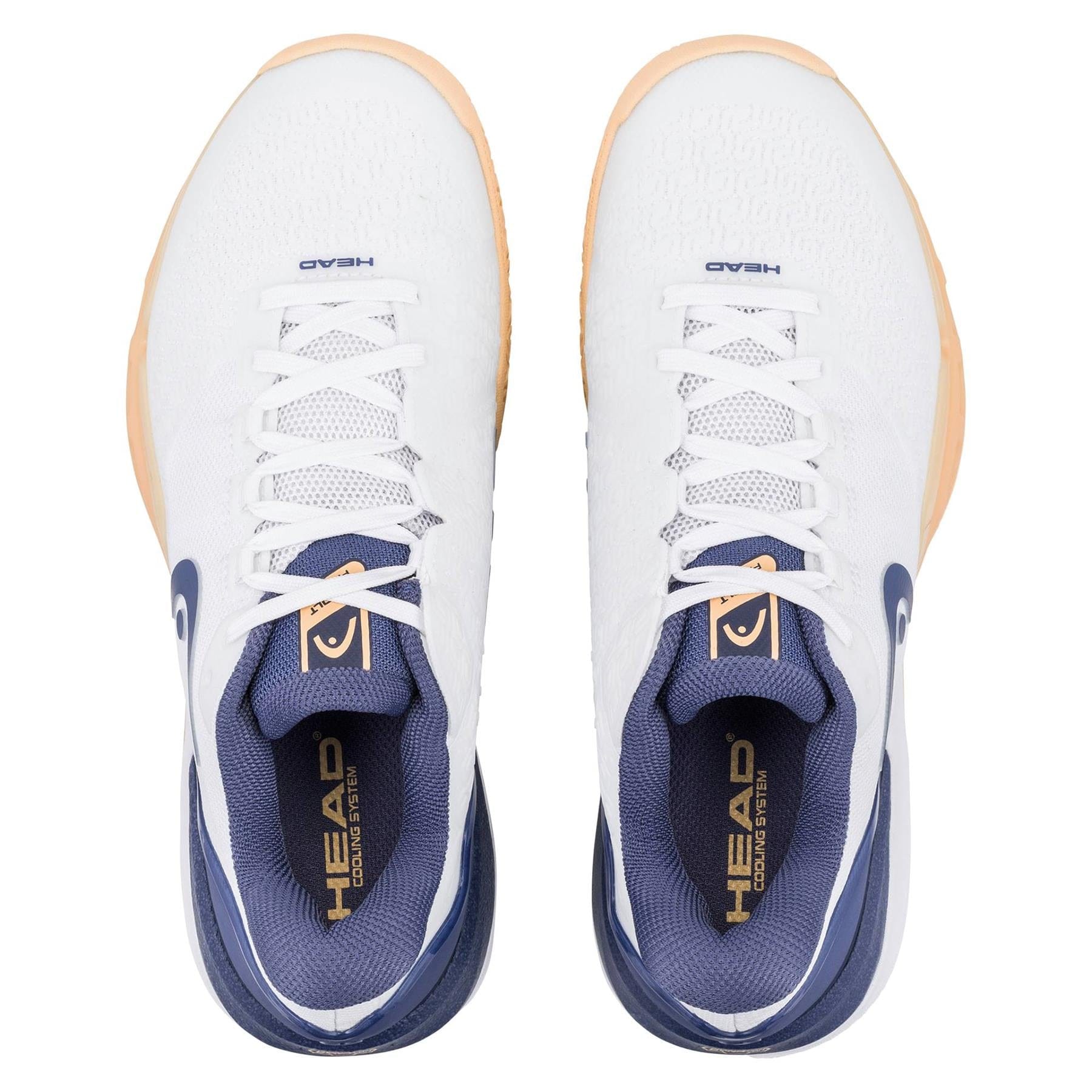 Top view of HEAD Revolt Pro 5.0 Womens Tennis Shoes in White/Apricot, featuring “HEAD” branding on the insoles and tongues; displayed side by side on a white background.