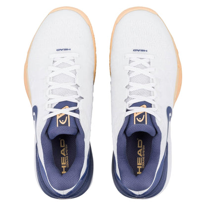 Top view of HEAD Revolt Pro 5.0 Womens Tennis Shoes in White/Apricot, featuring “HEAD” branding on the insoles and tongues; displayed side by side on a white background.