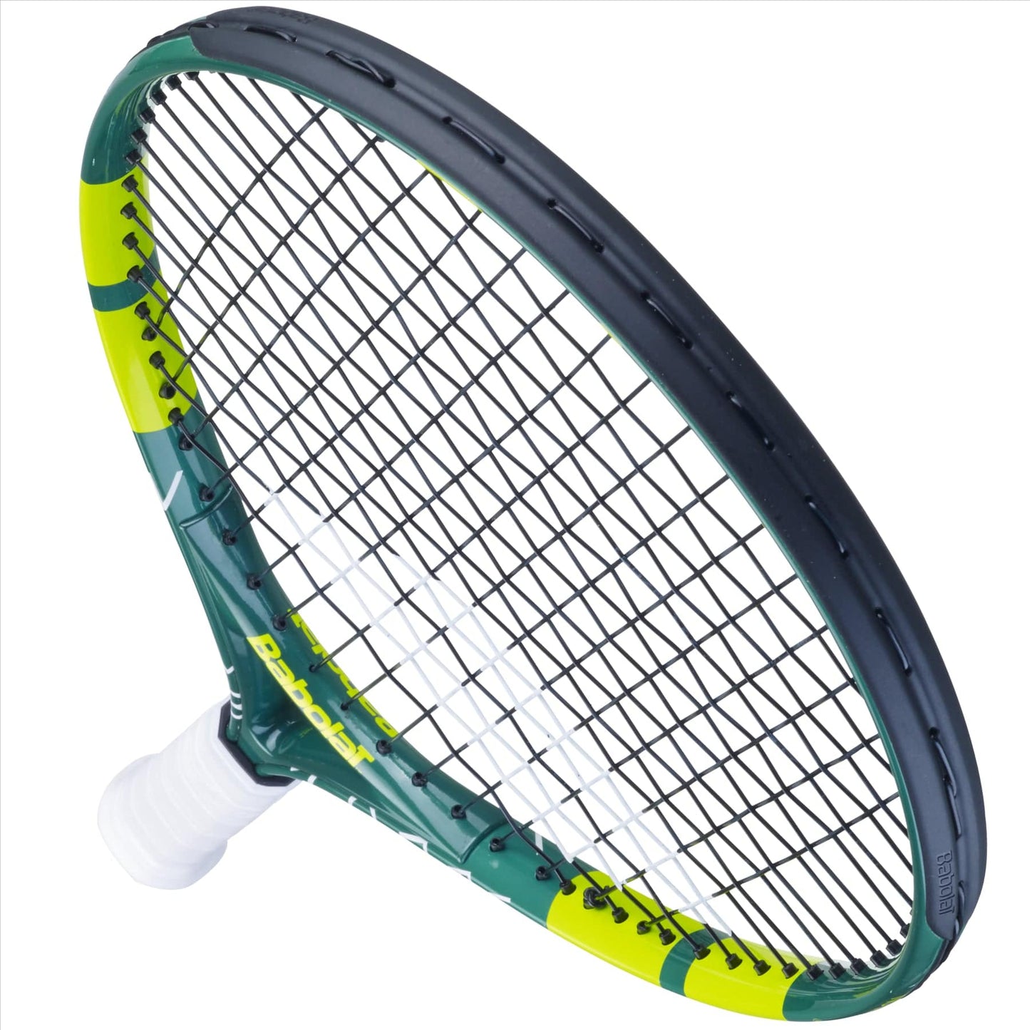 The close-up image features the Babolat Wimbledon 21 Junior Tennis Racket, exhibiting a black and green frame with yellow accents and a white grip. Its distinctive black strings stand out as the racket is positioned diagonally against the white background, accentuating its sleek design.