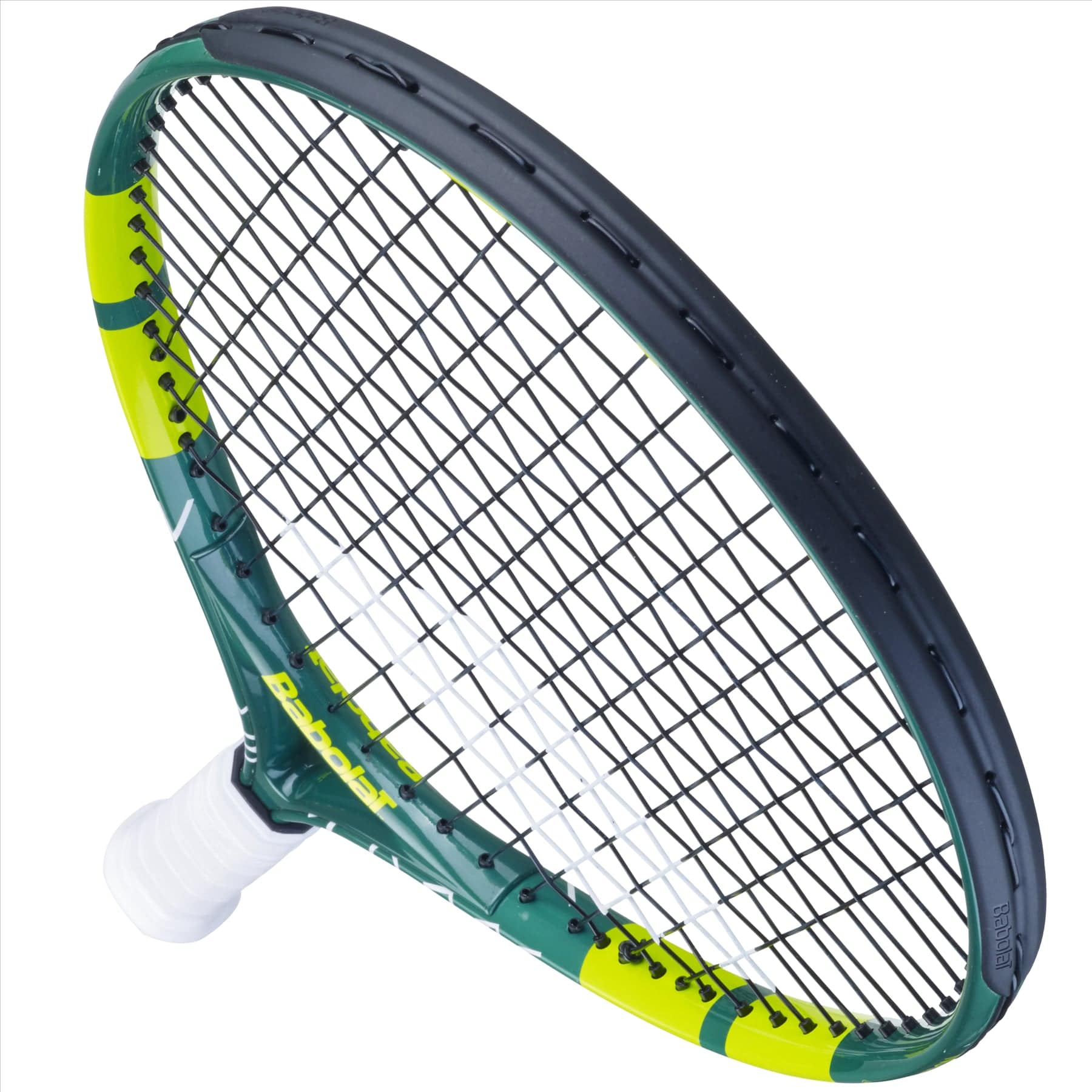 The close-up image features the Babolat Wimbledon 21 Junior Tennis Racket, exhibiting a black and green frame with yellow accents and a white grip. Its distinctive black strings stand out as the racket is positioned diagonally against the white background, accentuating its sleek design.