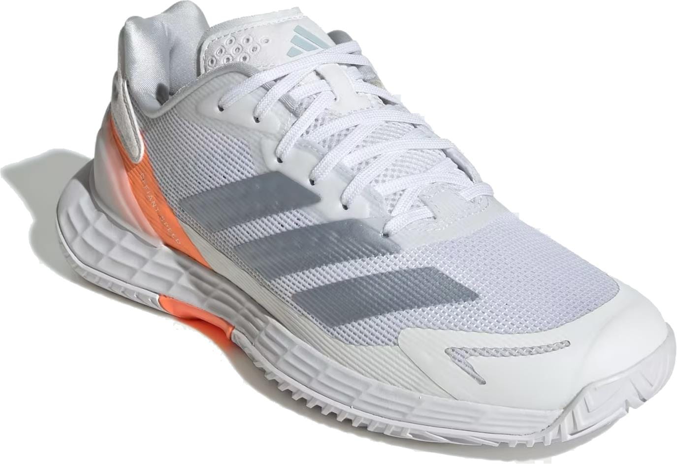 The adidas Defiant Speed 2 Women’s Tennis Shoes in Cloud White, Halo Blue, and Beam Orange feature light gray stripes, a mesh upper, and orange accents on the heel and midsole. Lightweight design for comfort and style.