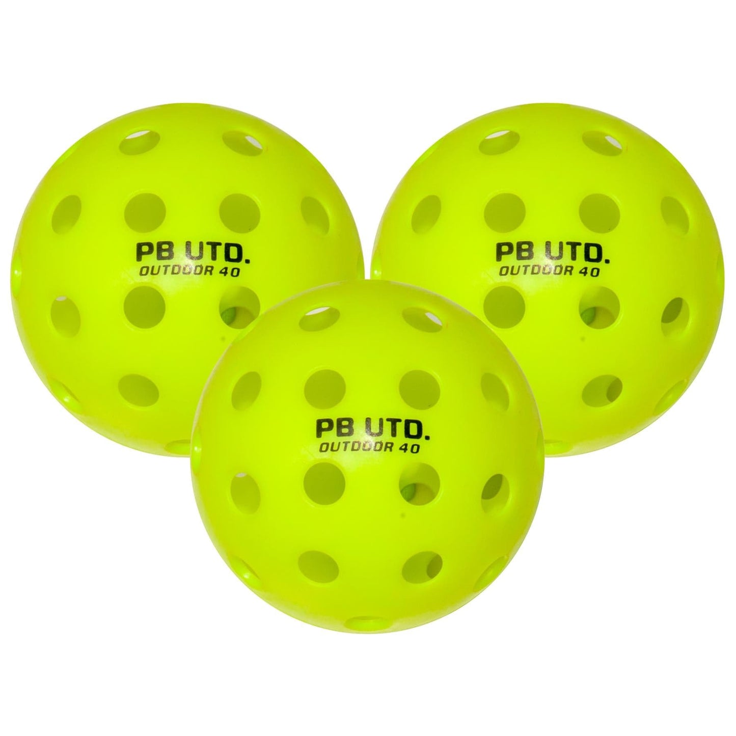 Three bright yellow balls labeled "PB UTD. OUTDOOR 40" are included in the Pickleball United All Round 2 Player Pickleball Set—perfect for outdoor games.