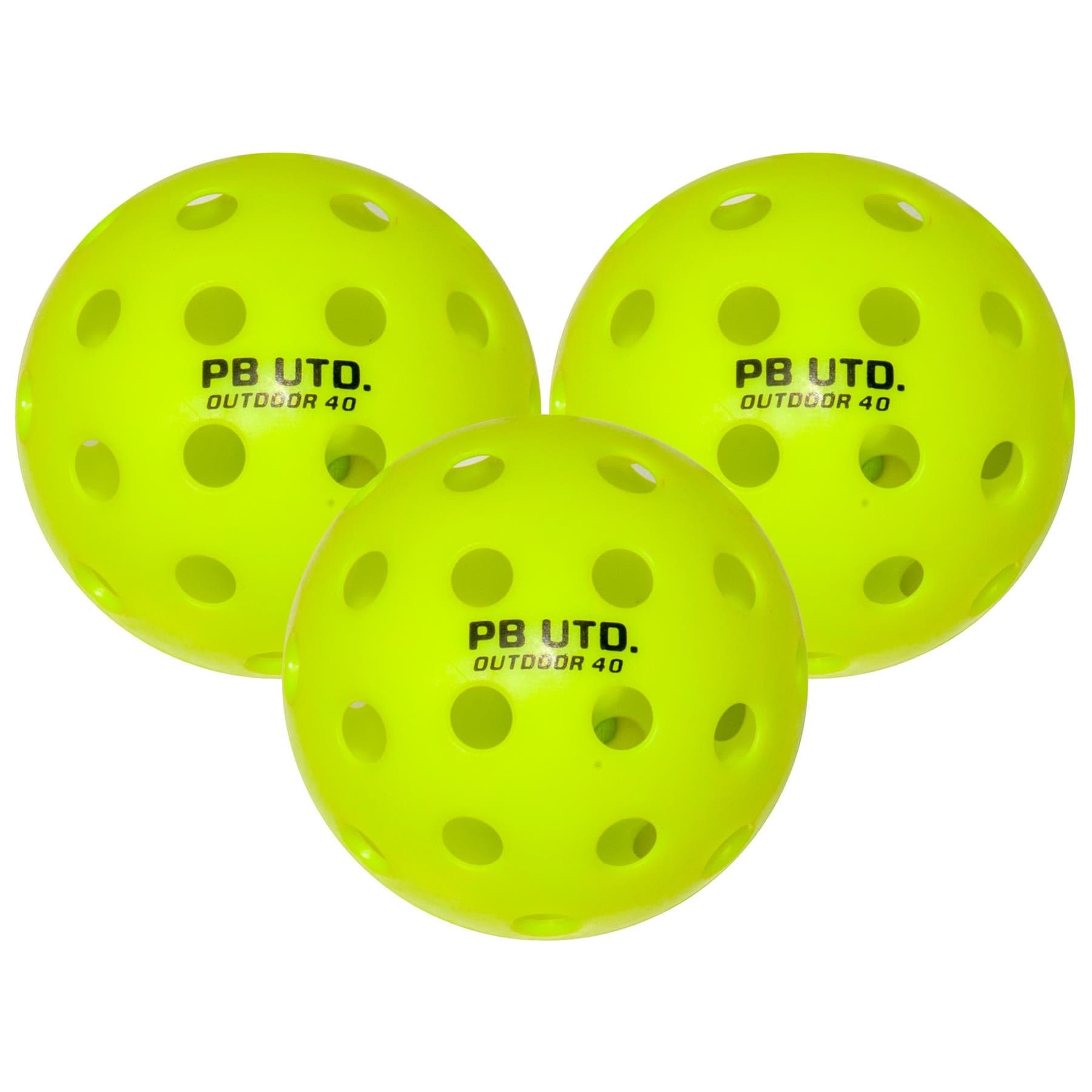 Three bright yellow balls labeled "PB UTD. OUTDOOR 40" are included in the Pickleball United All Round 2 Player Pickleball Set—perfect for outdoor games.