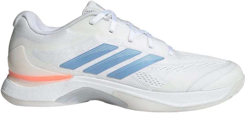 The adidas Avacourt 3 Women’s Tennis Shoes in Core White, Halo Blue, and Beam Orange feature mesh details, white laces, and light blue stripes with an orange accent near the heel—ideal for style and performance on the court.