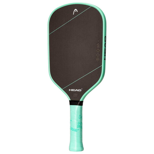 The HEAD Boom Tour EX 2024 Pickleball Paddle in black and mint features a rectangular face with rounded edges, a mint handle, visible “BOOM” branding, the HEAD logo, and Spin Fusion technology on the face and edge.