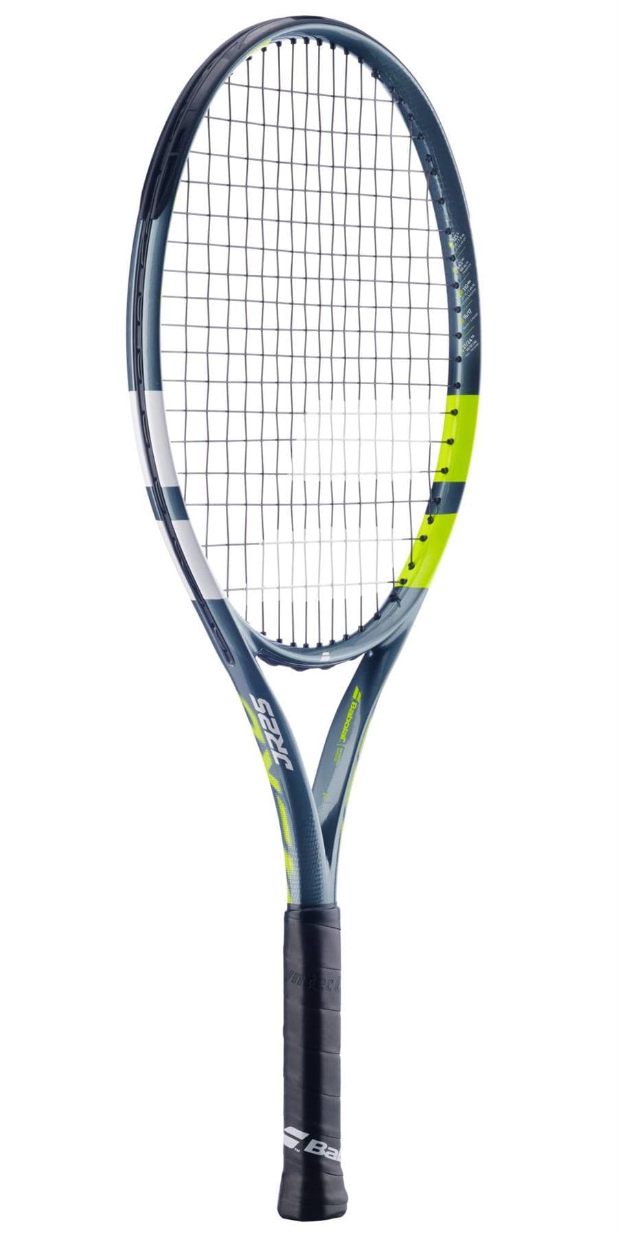 The Babolat Aero Junior 25 Tennis Racket 2026 by Babolat features a black grip, grey graphite composite frame, neon yellow accents, tightly strung strings, and a modern design.