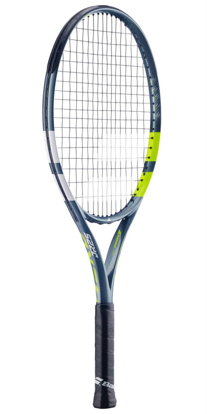 The Babolat Aero Junior 25 Tennis Racket 2026 by Babolat features a black grip, grey graphite composite frame, neon yellow accents, tightly strung strings, and a modern design.