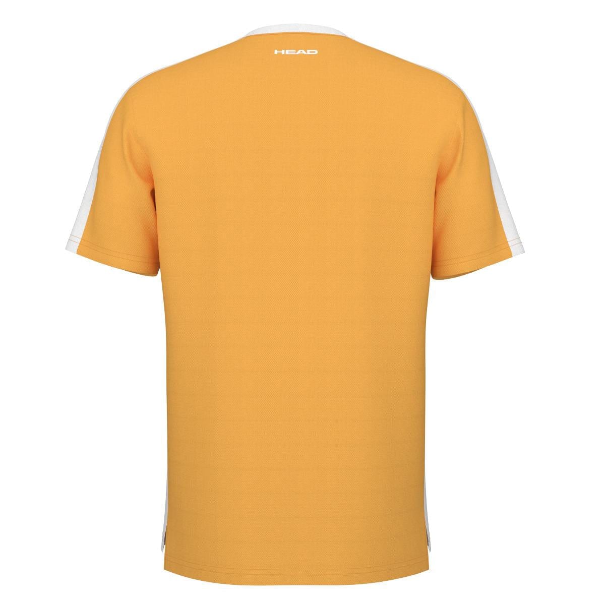 A glimpse of the back of a Banana Yellow HEAD Vision Slice Men's Tennis T-Shirt, featuring short sleeves and contrasting white side panels with a subtle logo near the neckline. Engineered with HEAD's Vision Slice technology, this shirt incorporates Moisture Transfer Microfiber for improved comfort, making it ideal for sporting pursuits.