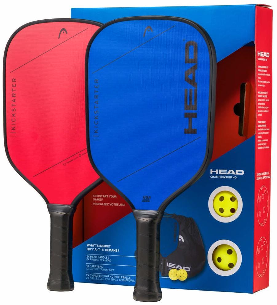 The HEAD Kickstarter Pickleball Paddle Pack by HEAD includes one red and one blue paddle, two yellow pickleballs, and a black drawstring bag—perfect for beginners seeking an entry-level pickleball set.