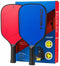 The HEAD Kickstarter Pickleball Paddle Pack by HEAD includes one red and one blue paddle, two yellow pickleballs, and a black drawstring bag—perfect for beginners seeking an entry-level pickleball set.