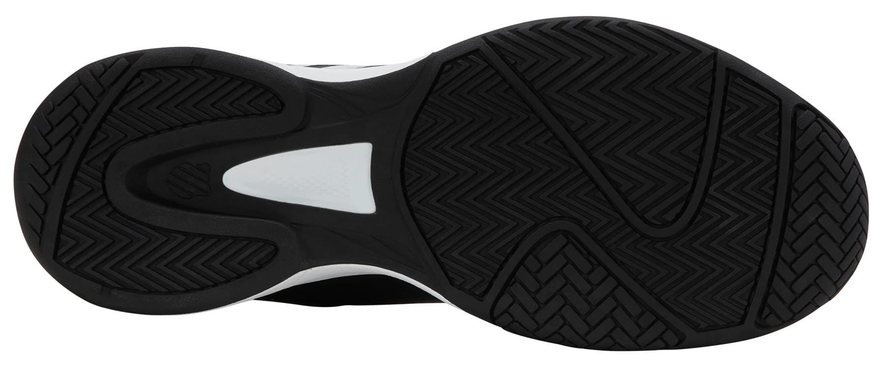 The image displays the black rubber sole of K-Swiss Express 2 Men’s Tennis Shoes (Black/White/Soft Neon Green) featuring herringbone and wavy tread patterns for grip, plus a white accent in the center.