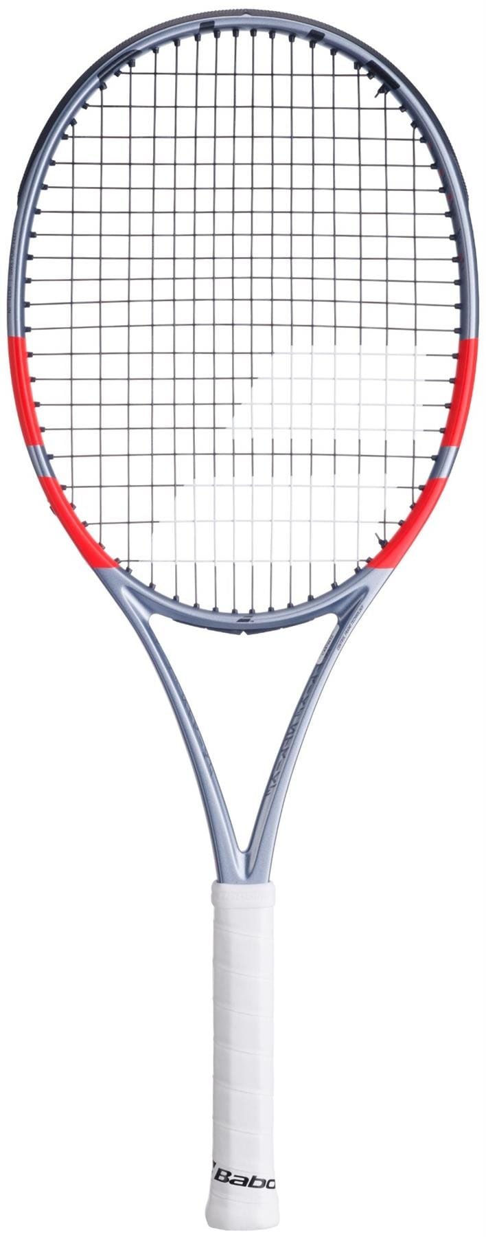 A Babolat Pure Strike 100 Gen4 Tennis Racket in Carbon Grey, shown upright with a white grip against a white background.