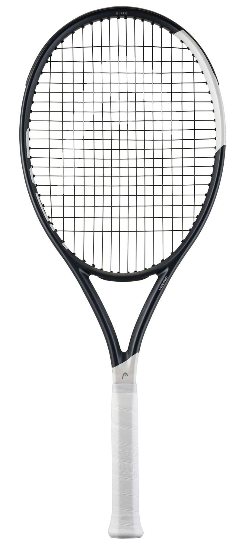 The HEAD Speed Elite 2026 Tennis Racket by HEAD features a black frame with white accents and a white grip, designed for performance, displayed on a plain white background.