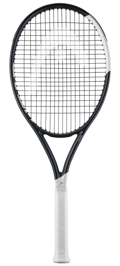 The HEAD Speed Elite 2026 Tennis Racket by HEAD features a black frame with white accents and a white grip, designed for performance, displayed on a plain white background.
