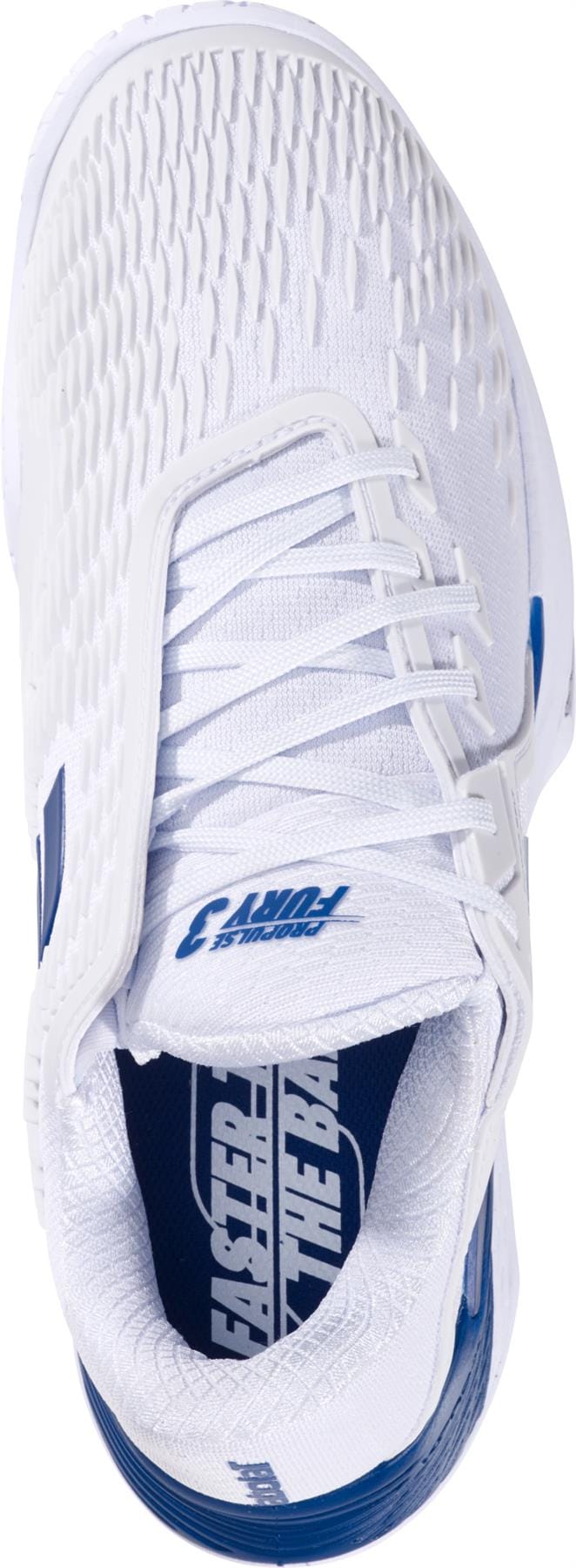 Top view of the Babolat Propulse Fury 3 All Court Men's Tennis Shoes in white/dark blue by Babolat, showing a textured white upper, blue accents, white laces, and a dark blue insole with partially visible white text.