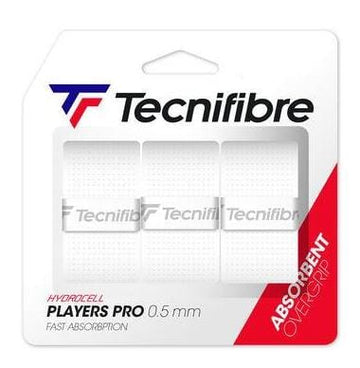 The Tecnifibre Players Pro Tennis Overgrip - 3 Pack - White includes three absorbent overgrips, each measuring 0.5 mm in thickness. The packaging showcases a red accent in the corner, emphasizing optimal absorption for enhanced playing comfort on the court.