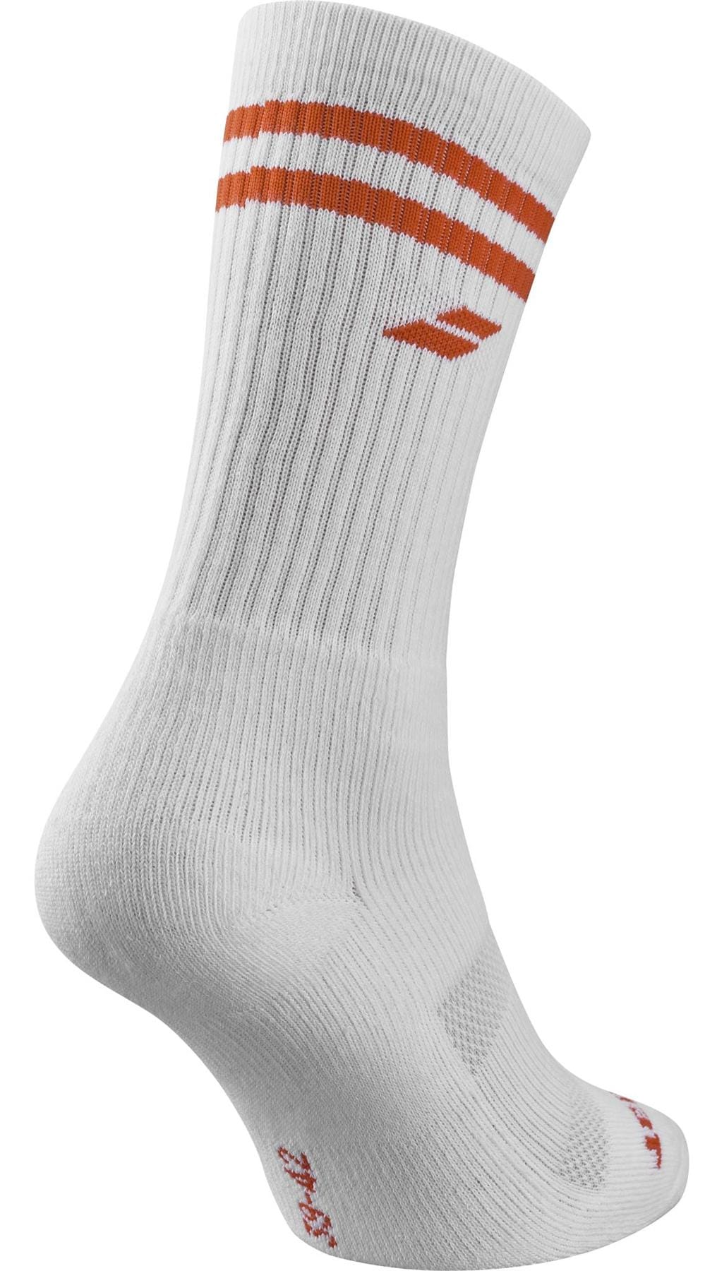 The Babolat Team Single Tennis Sock in White/Cherry Tomato features two red-orange stripes and a small logo near the top, offering comfort and style for tennis. Displayed on a plain background. Brand: Babolat.