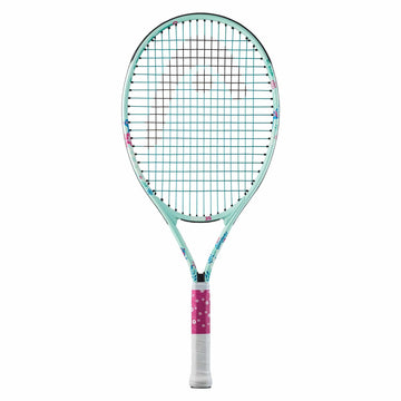 The HEAD Coco 25 Junior Tennis Racket - Mint by HEAD showcases a teal frame adorned with floral designs, complemented by a pink handle grip. It comes equipped with a damp+ insert and strings in a grid pattern, perfectly capturing the vibrant and playful essence reminiscent of Coco Gauff's energetic style.