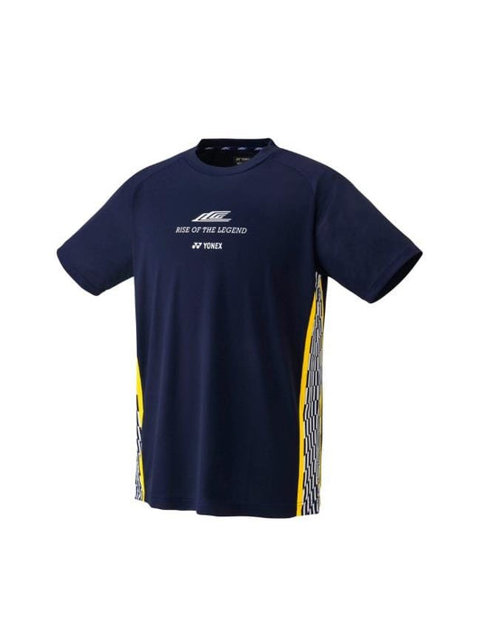 This Yonex 16738EX Lee Chong Wei LCW T-Shirt in navy blue showcases "Rise of the Legend" on the front and is highlighted with yellow and black geometric patterns along the sides. Engineered with high-performance technologies, this short-sleeve shirt ensures both comfort and style, whether you're on or off the court.