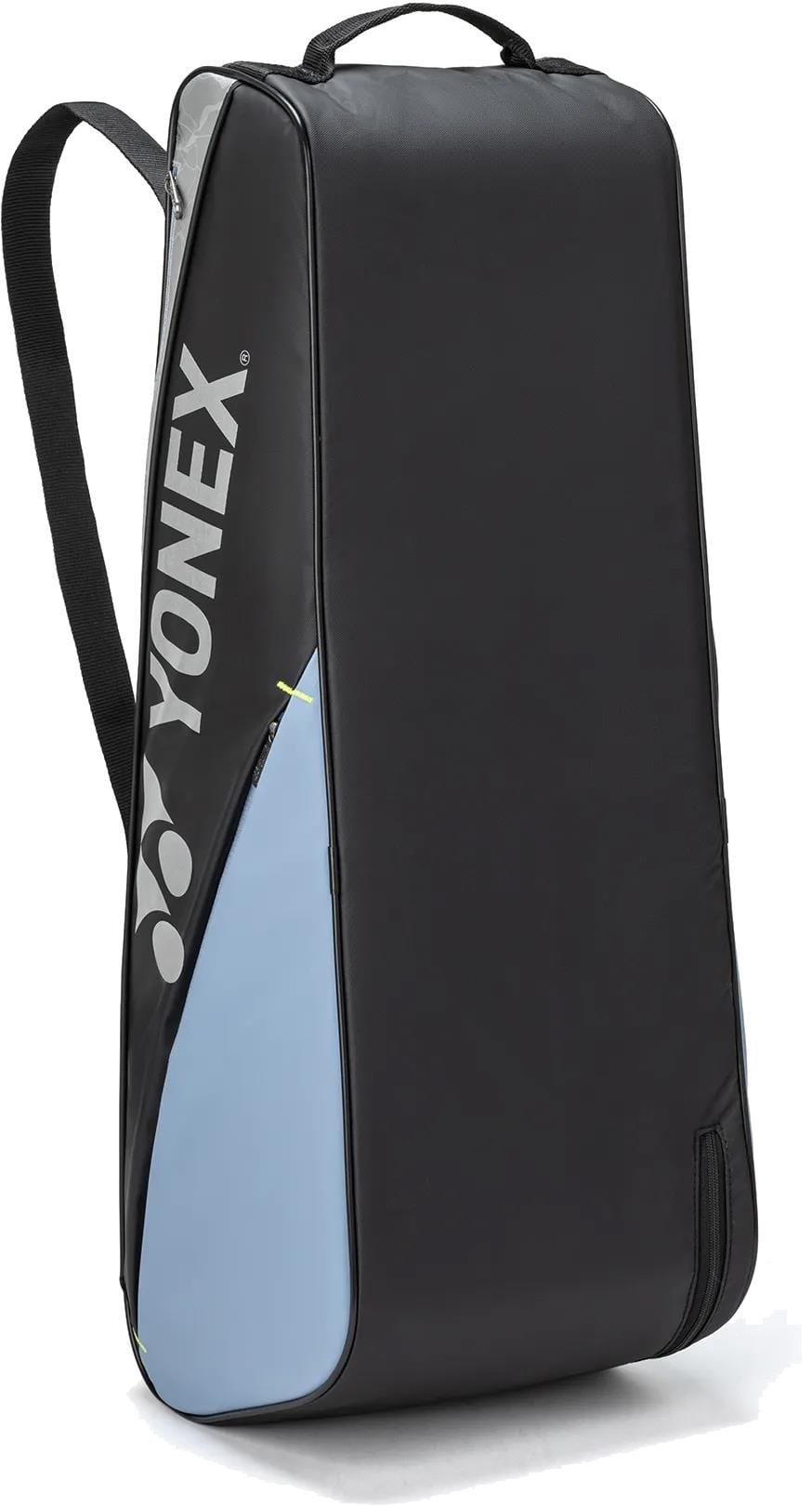 The Yonex BA52526EX Club 6 Racket Tennis Bag in black/blue features a top handle, shoulder strap, and vertical Yonex logo, offering durable storage for racquets and gear.